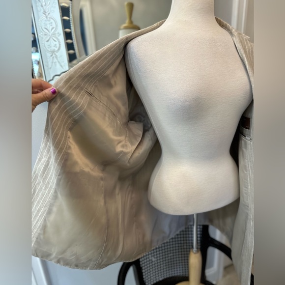 NWOT Beige White Perry Ellis Pin Stripe Linen Cotton Stud Boss Blazer 42R - Picture 14 of 15